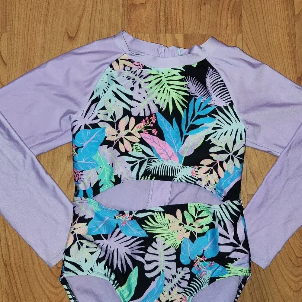 Girls' 'Just Vibing' Long Sleeve One Piece Rash Guard Large 10/12